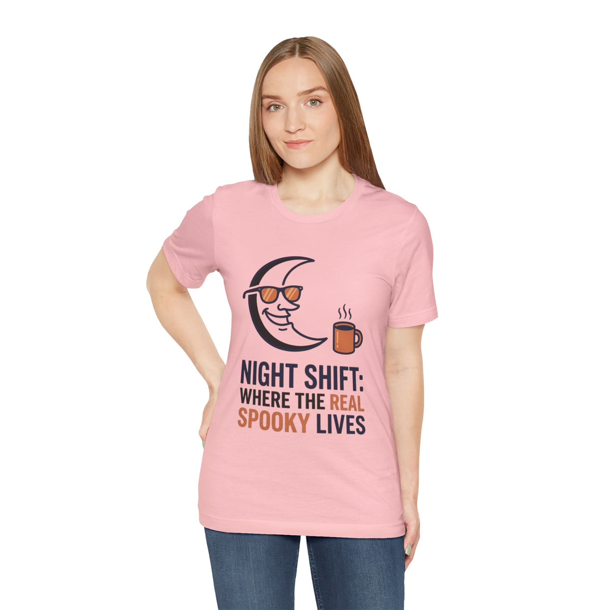 Night Shift Tee — "Night Shift: Where the Real Spooky Lives" Moon & Coffee Halloween Shirt