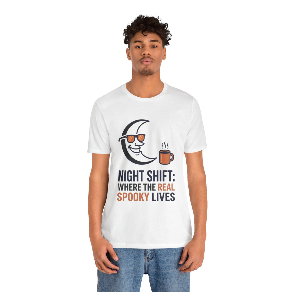 Night Shift Tee — "Night Shift: Where the Real Spooky Lives" Moon & Coffee Halloween Shirt