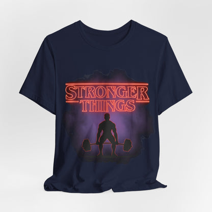 Stronger Things Weightlifting Tee — Retro Gym Silhouette Shirt