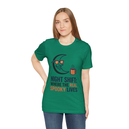 Night Shift Tee — "Night Shift: Where the Real Spooky Lives" Moon & Coffee Halloween Shirt