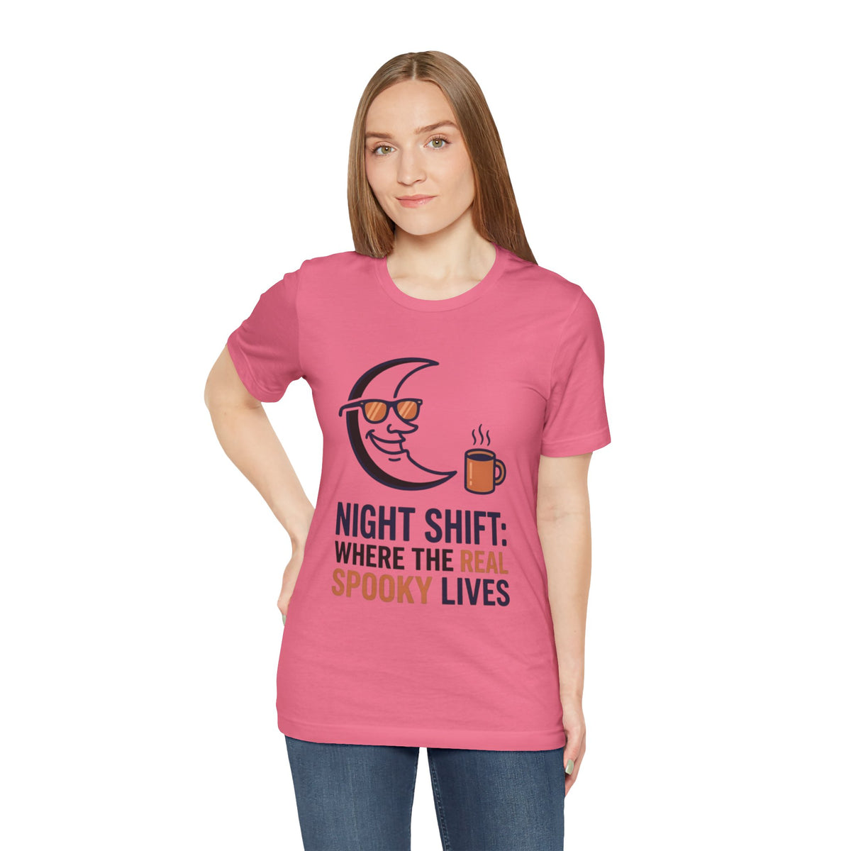 Night Shift Tee — "Night Shift: Where the Real Spooky Lives" Moon & Coffee Halloween Shirt