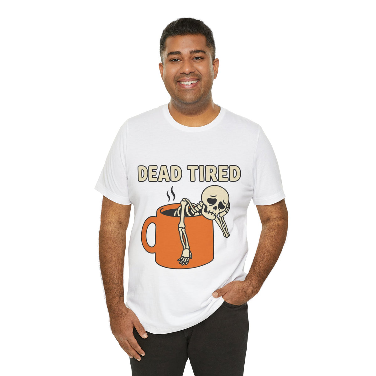 Dead Tired Tee – Funny Skeleton in Coffee Mug Graphic T-Shirt