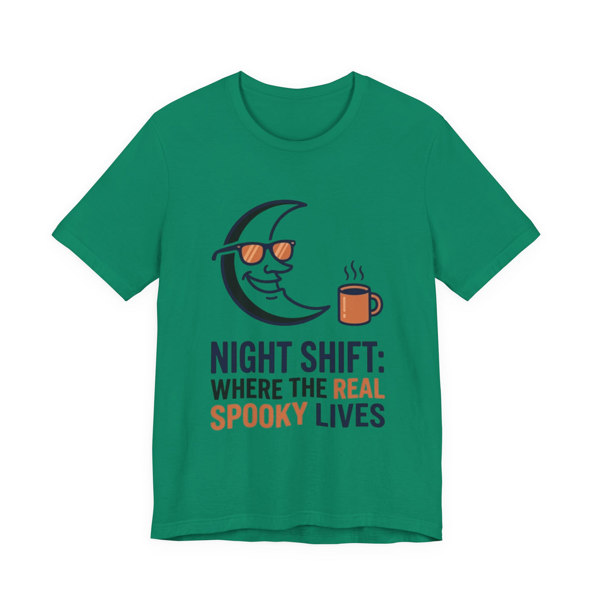Night Shift Tee — "Night Shift: Where the Real Spooky Lives" Moon & Coffee Halloween Shirt