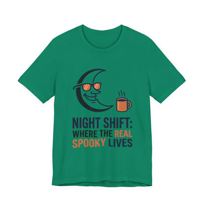 Night Shift Tee — "Night Shift: Where the Real Spooky Lives" Moon & Coffee Halloween Shirt