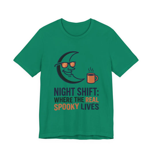 Night Shift Tee — "Night Shift: Where the Real Spooky Lives" Moon & Coffee Halloween Shirt