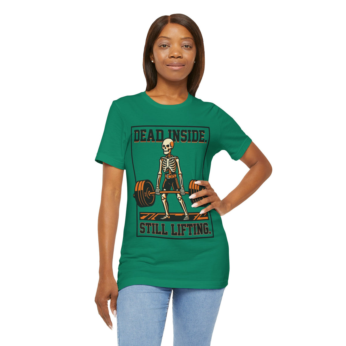 Dead Inside Still Lifting T-Shirt — Skeleton Weightlifting Gym Tee