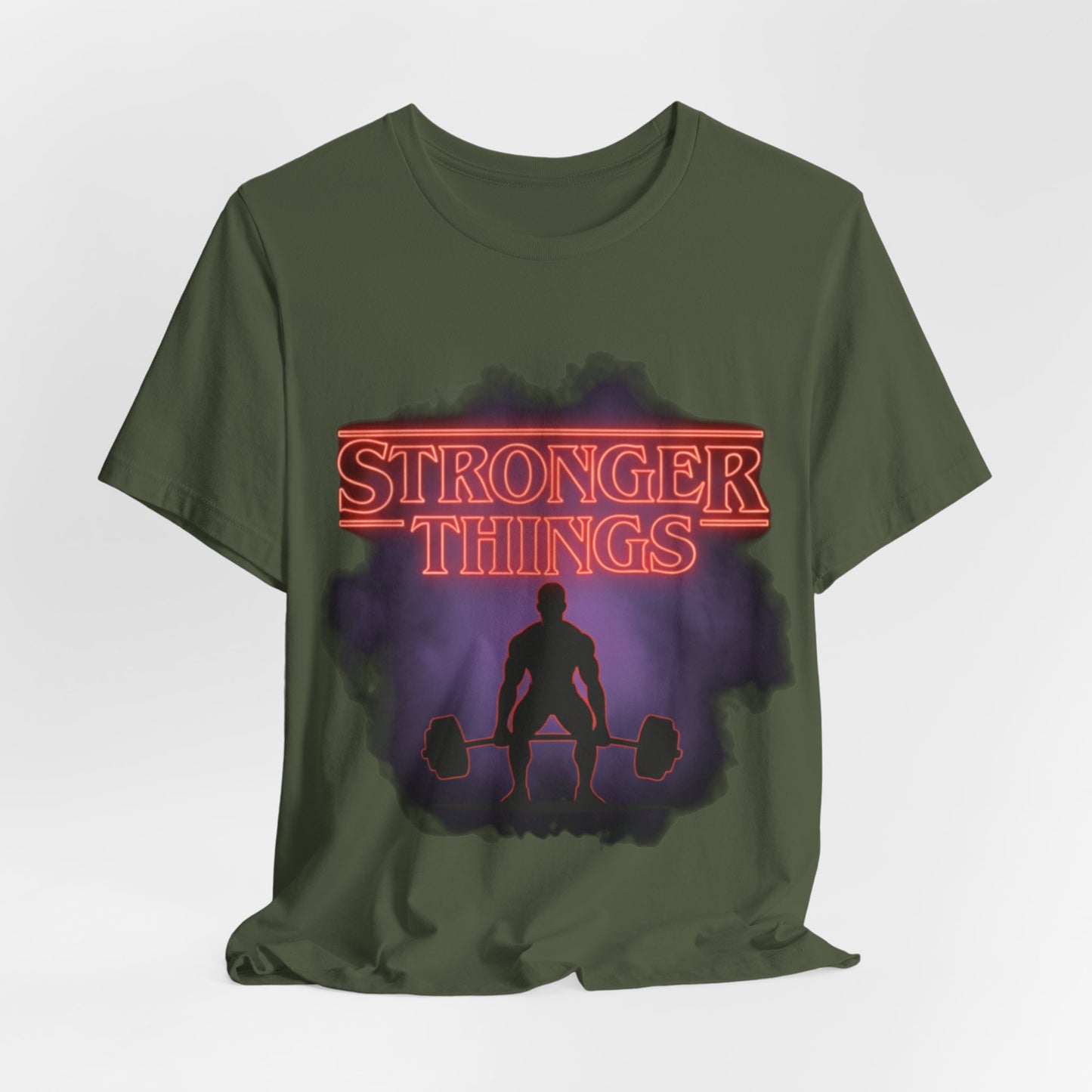Stronger Things Weightlifting Tee — Retro Gym Silhouette Shirt