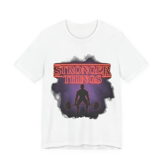 Stronger Things Weightlifting Tee — Retro Gym Silhouette Shirt
