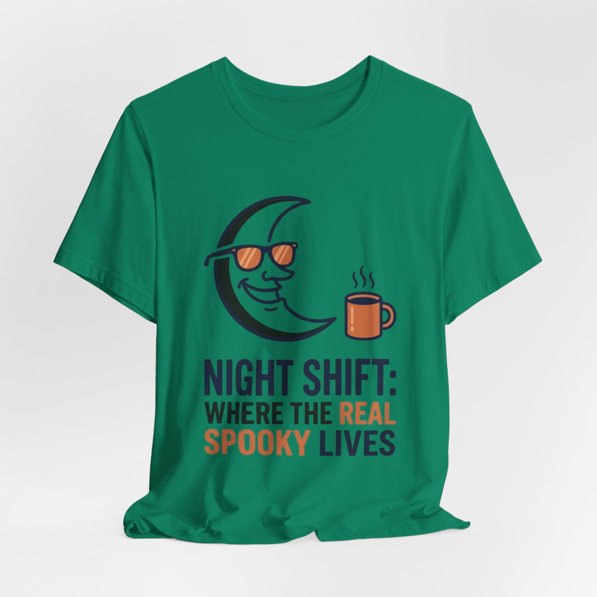 Night Shift Tee — "Night Shift: Where the Real Spooky Lives" Moon & Coffee Halloween Shirt