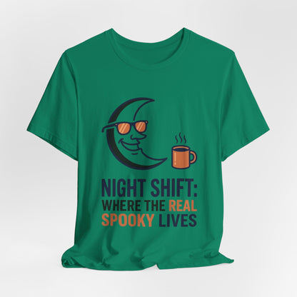 Night Shift Tee — "Night Shift: Where the Real Spooky Lives" Moon & Coffee Halloween Shirt