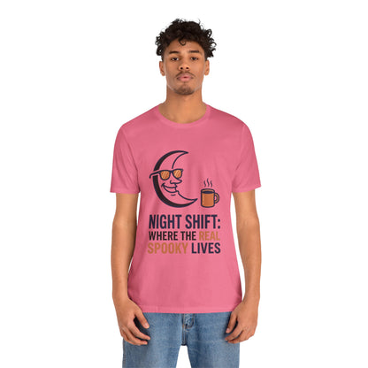 Night Shift Tee — "Night Shift: Where the Real Spooky Lives" Moon & Coffee Halloween Shirt