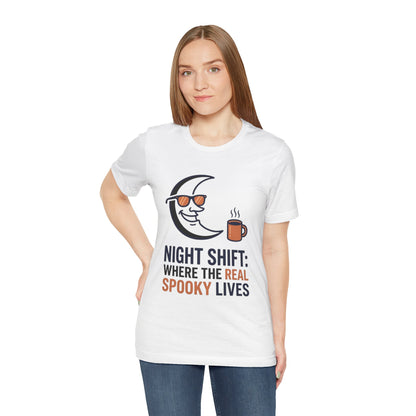 Night Shift Tee — "Night Shift: Where the Real Spooky Lives" Moon & Coffee Halloween Shirt