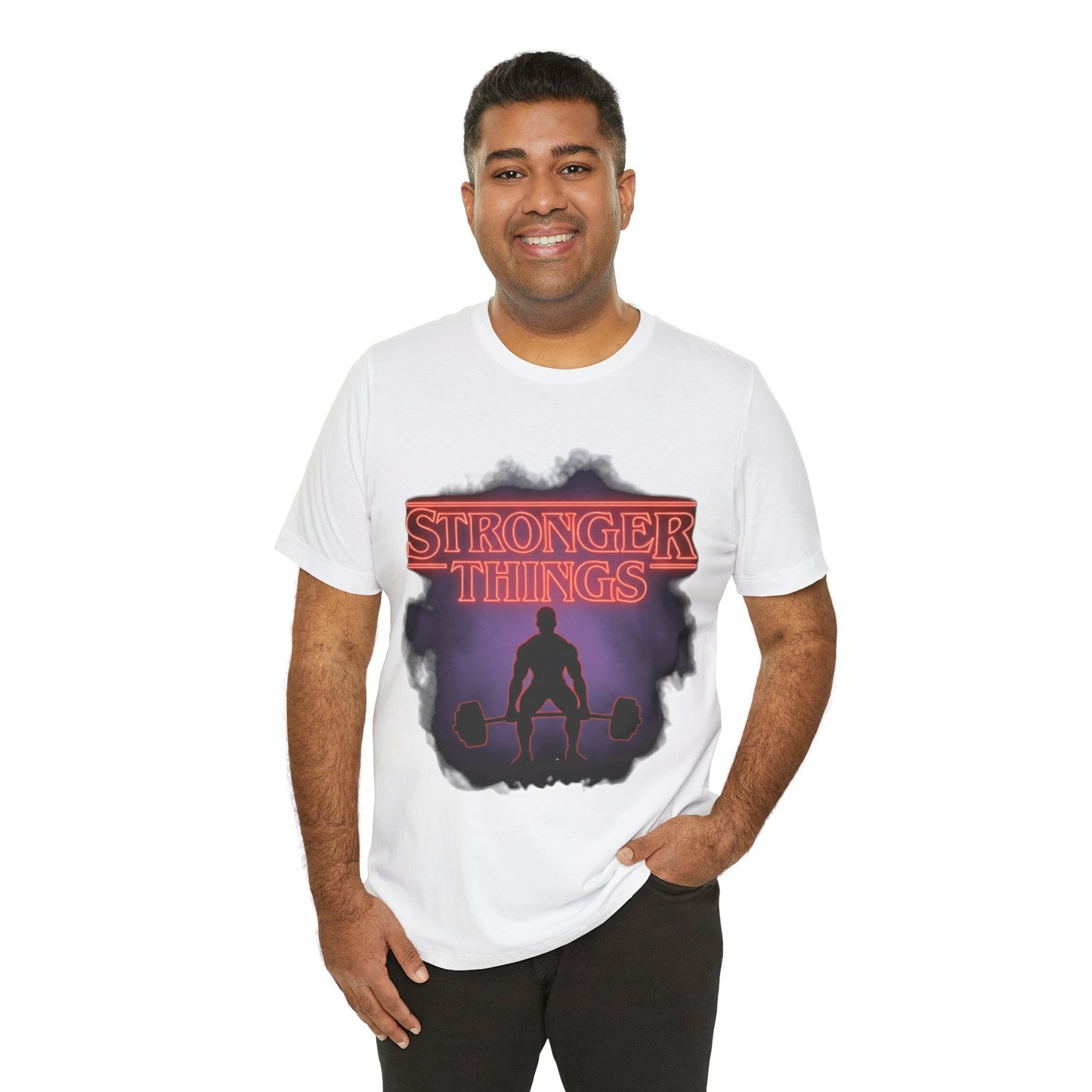 Stronger Things Weightlifting Tee — Retro Gym Silhouette Shirt