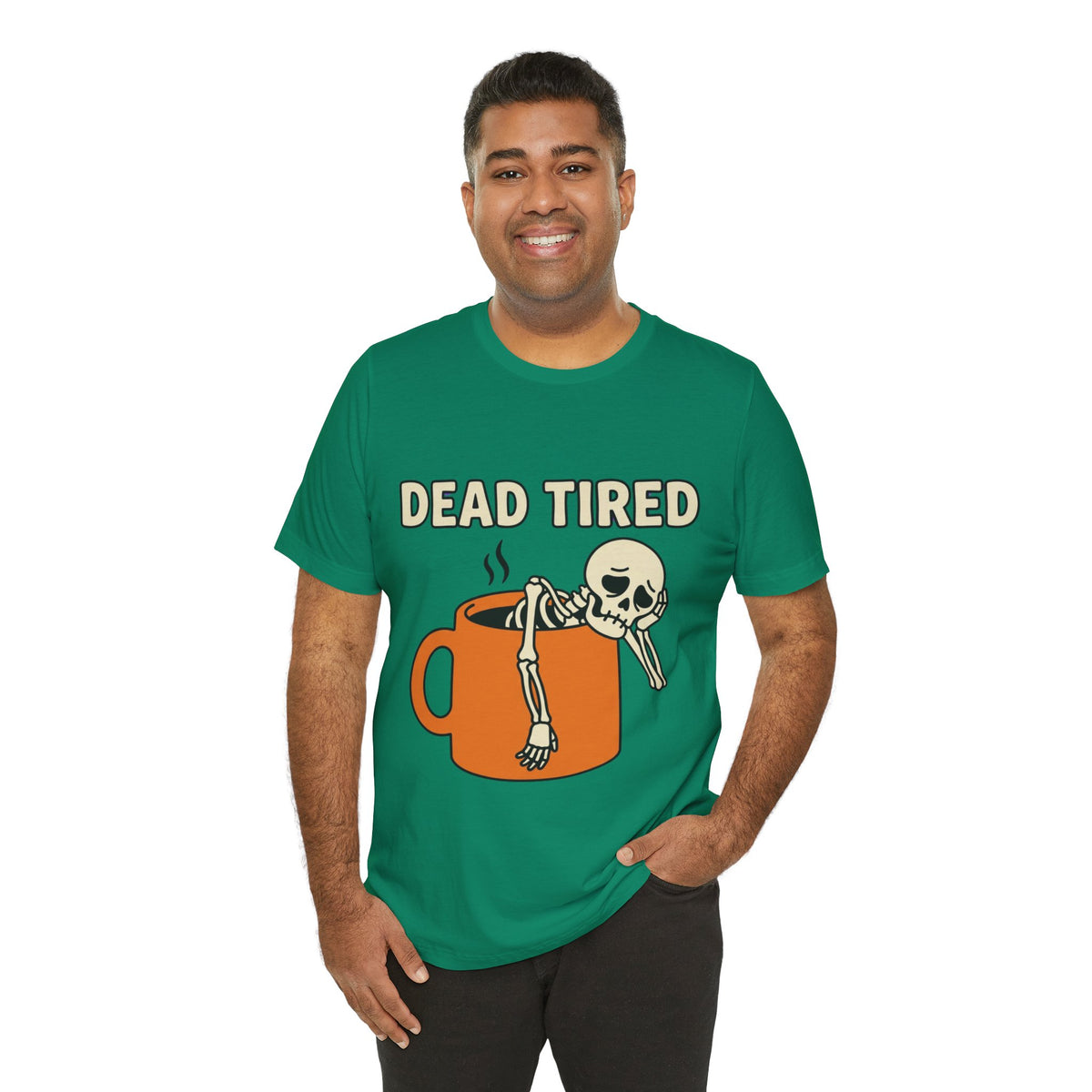 Dead Tired Tee – Funny Skeleton in Coffee Mug Graphic T-Shirt
