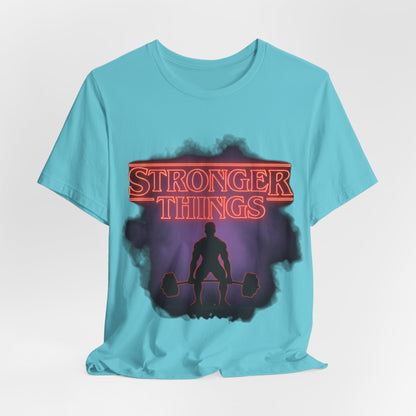 Stronger Things Weightlifting Tee — Retro Gym Silhouette Shirt