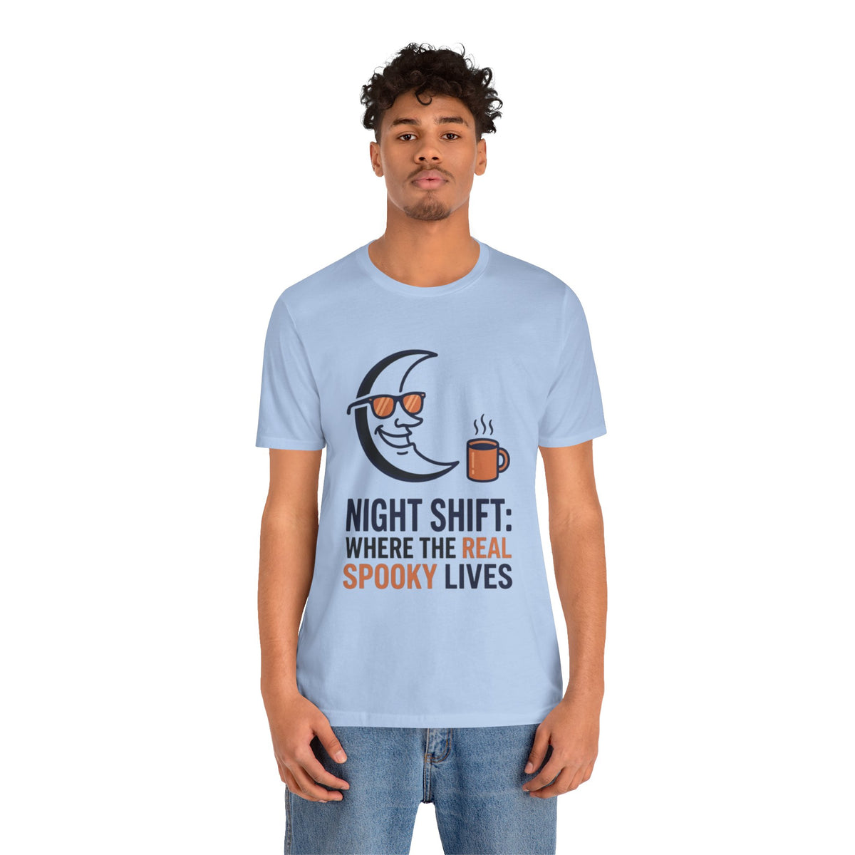 Night Shift Tee — "Night Shift: Where the Real Spooky Lives" Moon & Coffee Halloween Shirt