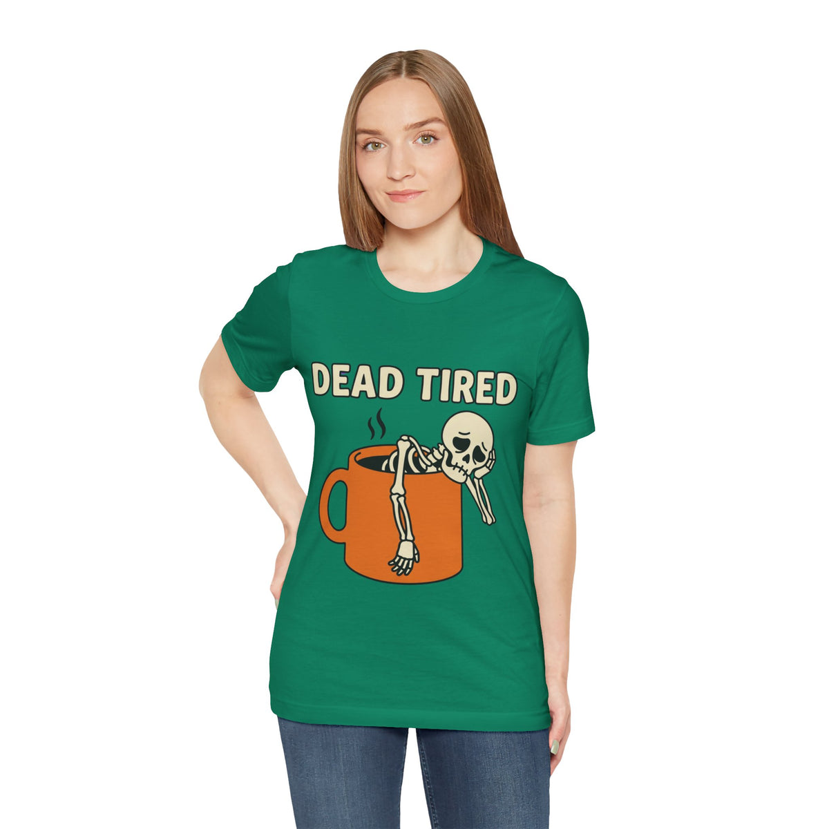 Dead Tired Tee – Funny Skeleton in Coffee Mug Graphic T-Shirt