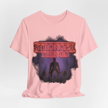 Stronger Things Weightlifting Tee — Retro Gym Silhouette Shirt