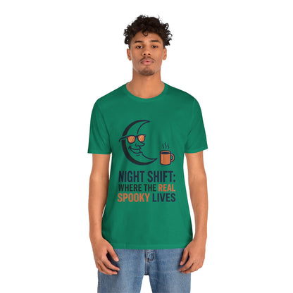 Night Shift Tee — "Night Shift: Where the Real Spooky Lives" Moon & Coffee Halloween Shirt