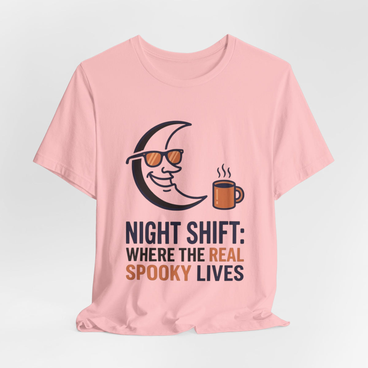 Night Shift Tee — "Night Shift: Where the Real Spooky Lives" Moon & Coffee Halloween Shirt