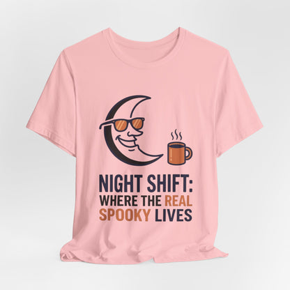 Night Shift Tee — "Night Shift: Where the Real Spooky Lives" Moon & Coffee Halloween Shirt