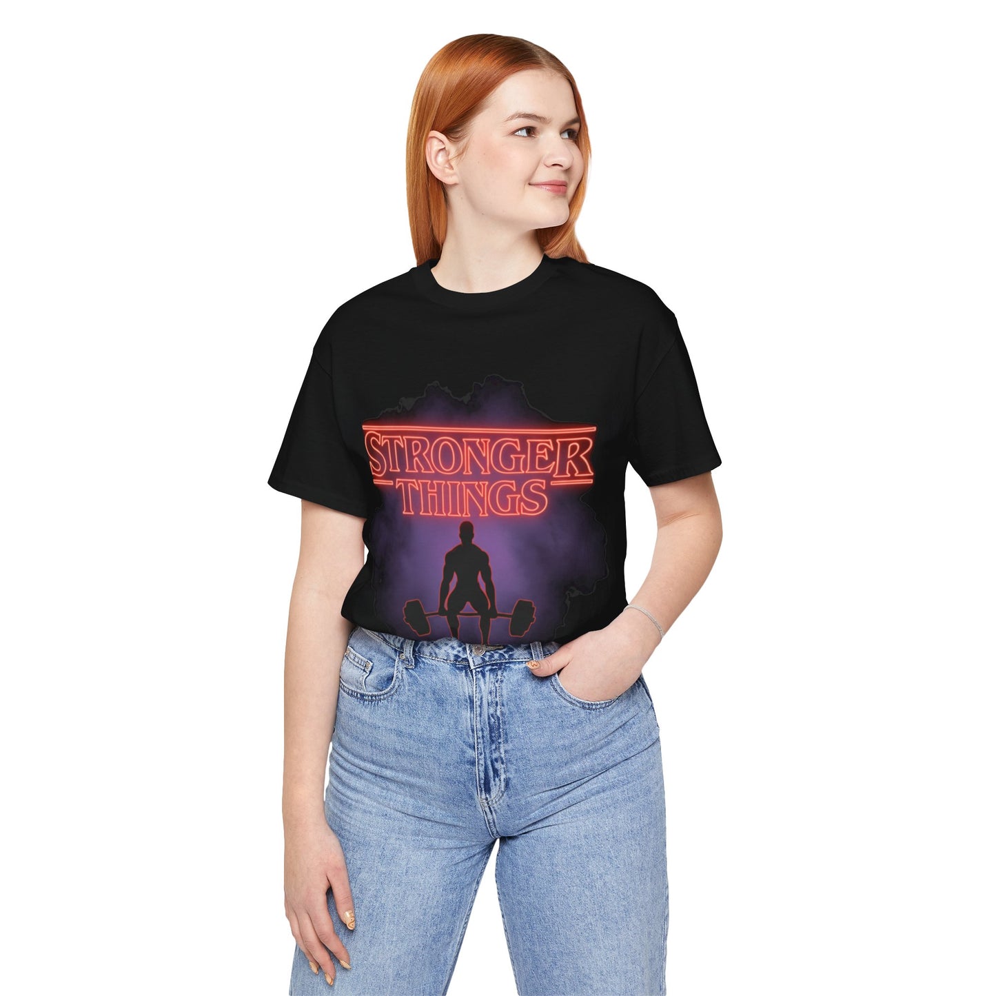 Stronger Things Weightlifting Tee — Retro Gym Silhouette Shirt