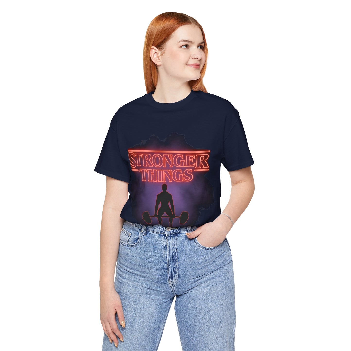 Stronger Things Weightlifting Tee — Retro Gym Silhouette Shirt