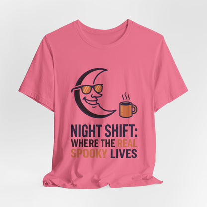 Night Shift Tee — "Night Shift: Where the Real Spooky Lives" Moon & Coffee Halloween Shirt