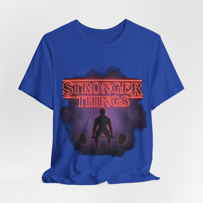 Stronger Things Weightlifting Tee — Retro Gym Silhouette Shirt
