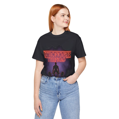 Stronger Things Weightlifting Tee — Retro Gym Silhouette Shirt