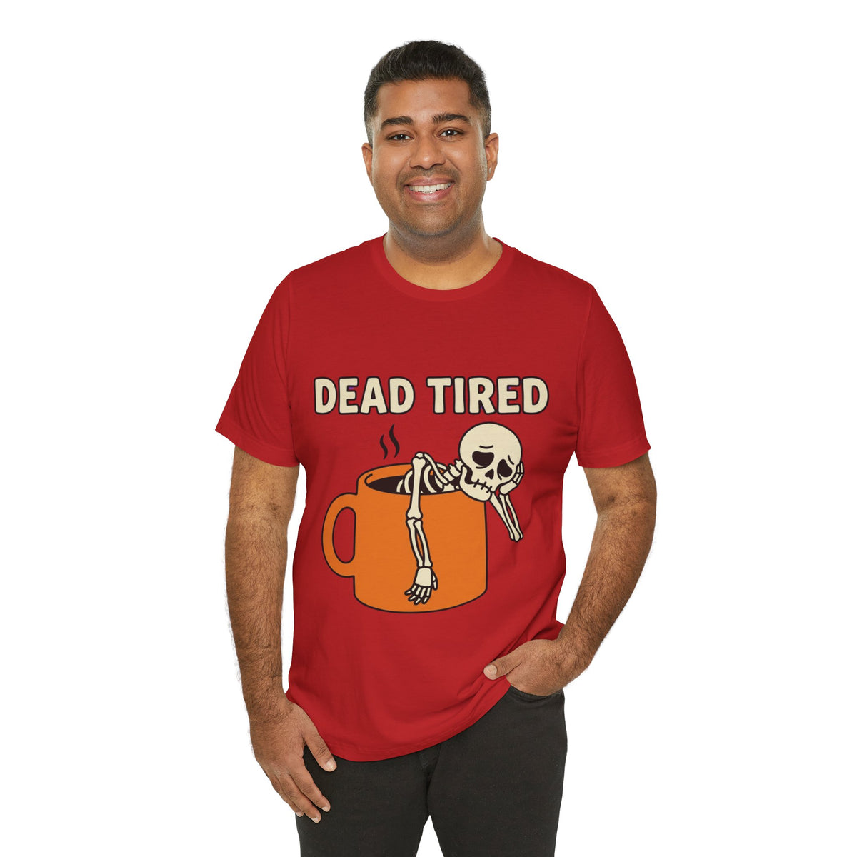 Dead Tired Tee – Funny Skeleton in Coffee Mug Graphic T-Shirt