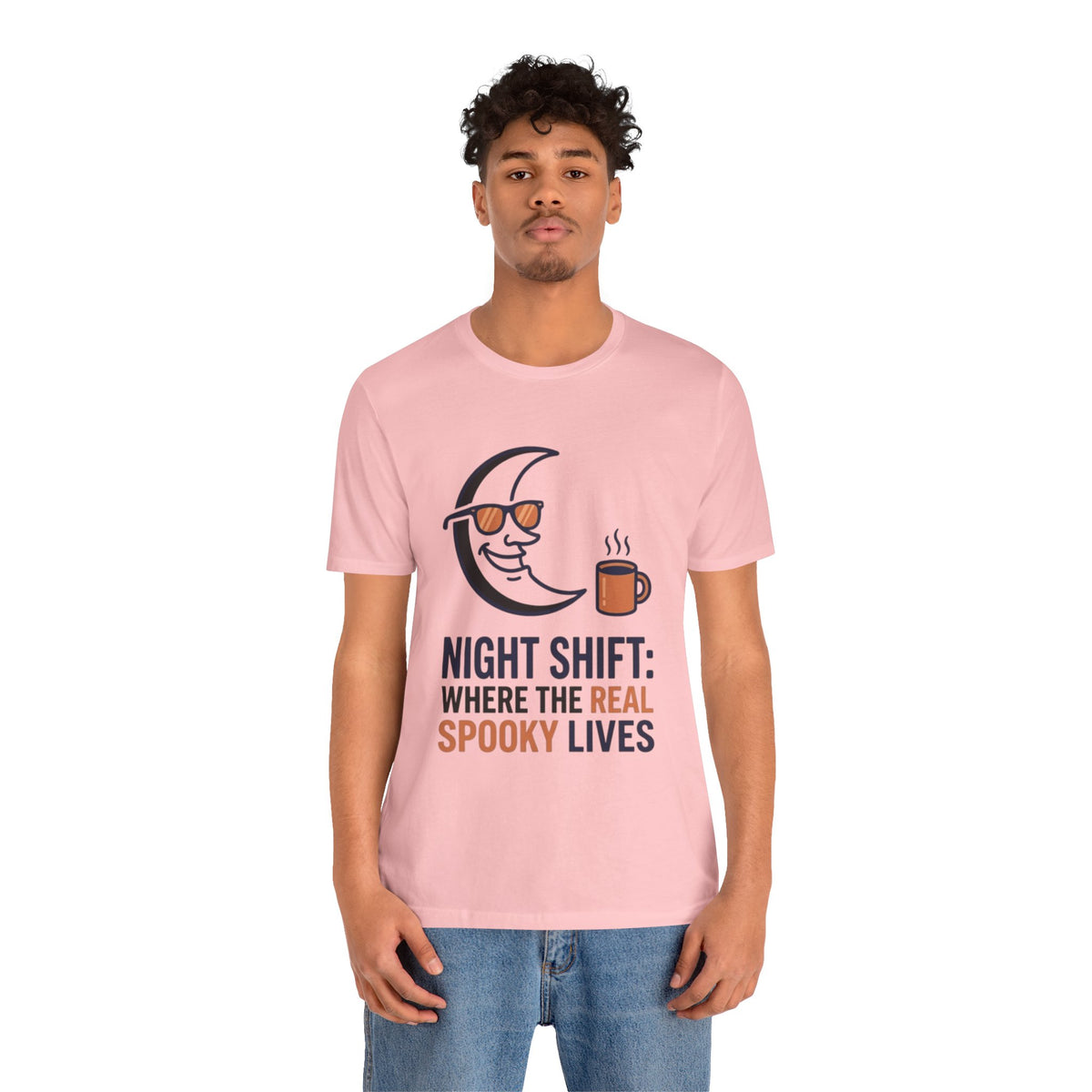 Night Shift Tee — "Night Shift: Where the Real Spooky Lives" Moon & Coffee Halloween Shirt