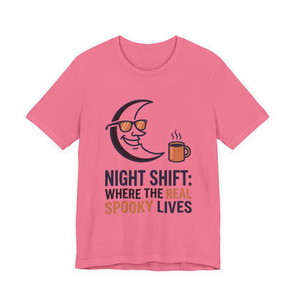 Night Shift Tee — "Night Shift: Where the Real Spooky Lives" Moon & Coffee Halloween Shirt