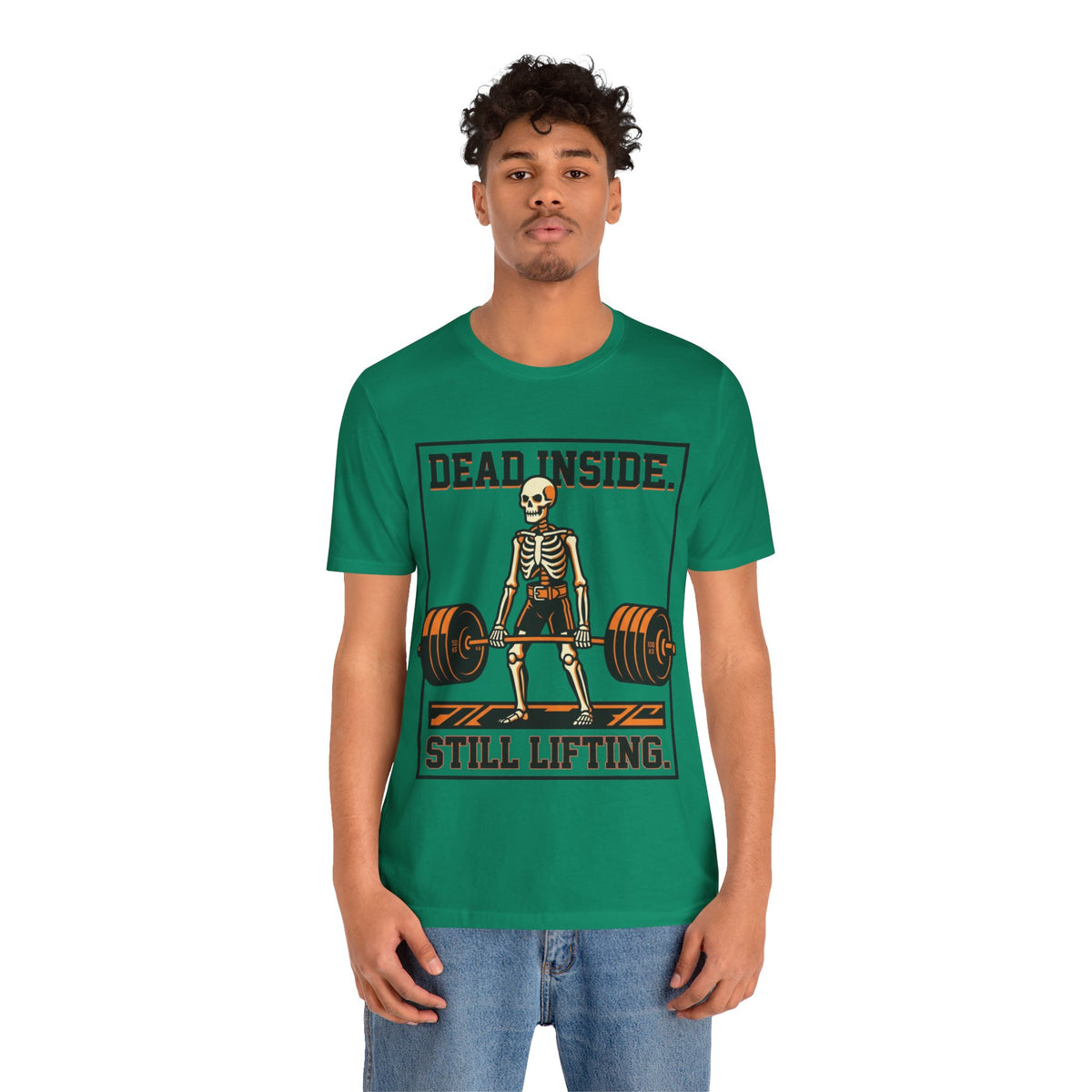 Dead Inside Still Lifting T-Shirt — Skeleton Weightlifting Gym Tee