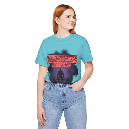 Stronger Things Weightlifting Tee — Retro Gym Silhouette Shirt