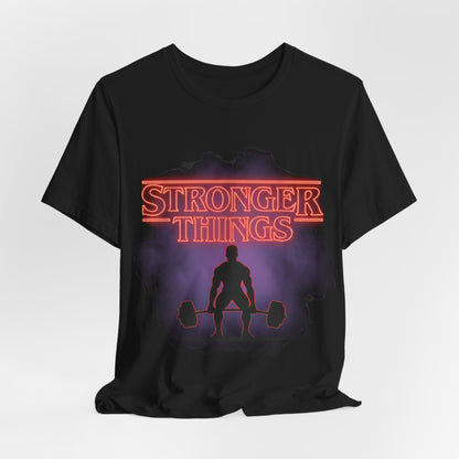 Stronger Things Weightlifting Tee — Retro Gym Silhouette Shirt